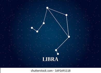 Closeup of Libra horoscope symbol horoscope zodiac sign. Vector art EPS illustration. Libra Star constellation isolated on beautiful starry sky, dark blue black night background with vignette