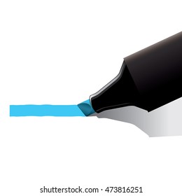 Closeup of light blue marker pen drawing line on paper.