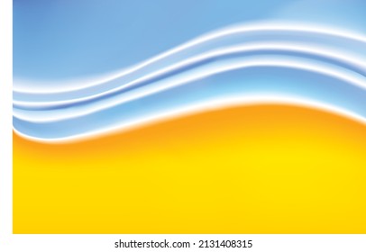 Closeup light soft shiny cyan white gold color water paint fluid liquid unity curvy stripe shape view text space. Empty modern web art concept twirl air twist mix down europe effect decor design card