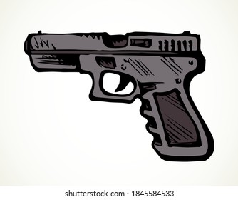 Closeup line aged grunge power cop guard defend colt shot. White text space design. Outline black ink drawn danger aim target security old shotgun attack logo pictogram emblem ancient art doodle style