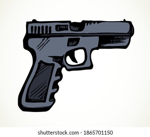 Closeup line aged grunge power cop guard defend colt shot. White text space design. Outline black ink drawn danger aim target security old shotgun attack logo pictogram emblem ancient art doodle style