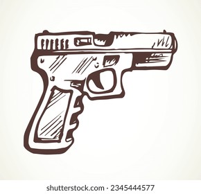 Closeup line aged grunge power cop guard defend colt shot. White text space design. Outline black ink drawn danger aim target security old shotgun attack logo pictogram emblem ancient art doodle style
