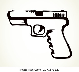 Closeup line aged grunge power cop guard defend colt shot. White text space design. Outline black ink drawn danger aim target security old shotgun attack logo pictogram emblem ancient art doodle style