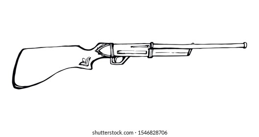 Closeup line aged power shot carbine on white text space backdrop. Outline black ink hand drawn danger kill aim security musket attack logo pictogram emblem design in ancient engrave art doodle style
