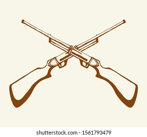 Closeup line aged power shot carbine on white text space backdrop. Outline black ink hand drawn danger kill aim security musket attack logo pictogram emblem design in ancient engrave art doodle style