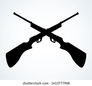 Closeup line aged power shot carbine on white text space backdrop. Dark ink hand drawn danger kill aim security musket attack logo pictogram emblem design in ancient engrave art contour print style