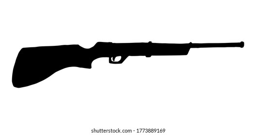 Closeup line aged power shot carbine on white text space backdrop. Dark ink hand drawn danger kill aim security musket attack logo pictogram emblem design in ancient engrave art contour style
