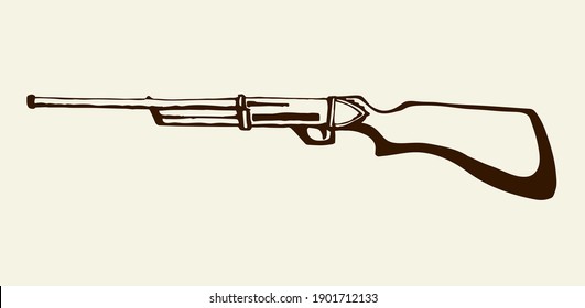 Closeup line aged power shot carbine on white text space backdrop. Outline black ink hand drawn danger kill aim security musket attack logo pictogram emblem design in ancient engrave art doodle style