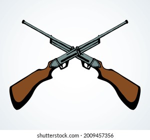 Closeup line aged power shot brown carbine on white text space backdrop. Bright golden color hand drawn danger kill aim security musket attack logo pictogram emblem design in ancient art style