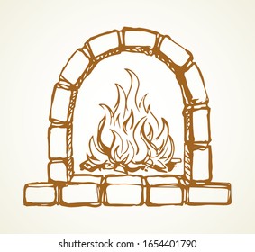 Closeup line historic cute cozy log fiery heater hearth object on white room wall text space. Outline black hand drawn folk indoor russia warmth stove place logo pictogram design in antique art style