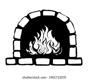 Closeup line historic cute cozy log fiery heater hearth object on white room wall text space. Outline black hand drawn folk indoor russia warmth stove place logo pictogram design in antique art style