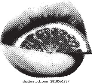 A close-up of lips biting a juicy citrus slice rendered in bold halftone style. Ideal for editorial or advertising campaigns.