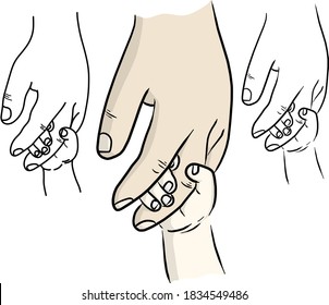 close-up little child holding hand of father or mother vector illustration sketch doodle hand drawn with black lines isolated on white background