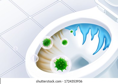 Closeup look at 3d illustration toilet bowl, part of it remains yellow stains and green virus in bubble floating in the air