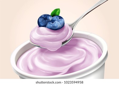 Closeup look at blueberry yogurt, a spoon of creamy yogurt and fruit in 3d illustration