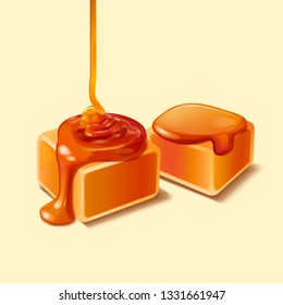 Closeup look at caramel confection with dripping syrup in 3d illustration