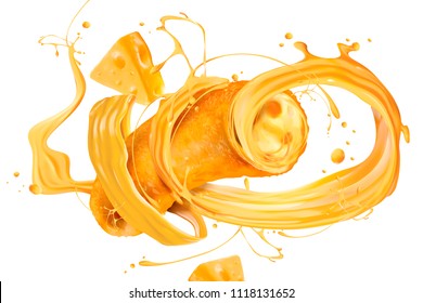 Closeup look at cheese sauce swirling out from corn curls on white background in 3d illustration