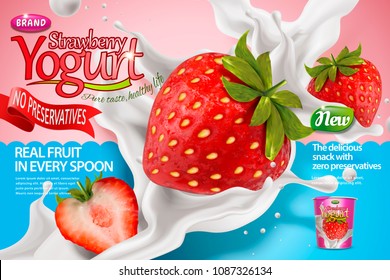 Closeup look at giant strawberry with splashing yogurt in 3d illustration, light pink and blue background Closeup look at giant strawberry with splashing yogurt in 3d illustration, light pink and blue background