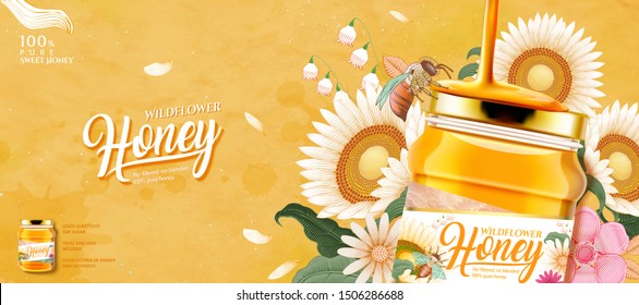 Closeup look at wildflower honey glass jar in 3d illustration on yellow woodcut style flower background