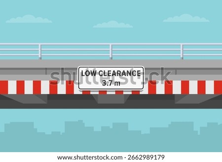 Close-up of a low bridge with obstruction and hazard marker. Australian low clearance indication road sign. Flat vector illustration template.