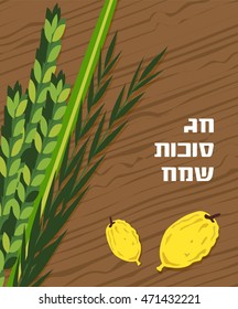 Closeup of Lulav (date palm) ,Etrog (citron) , Arava (willow) and Hadas (myrtle), Four species symbols of the Jewish festival of Sukkot. happy holiday in Hebrew