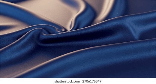 Close-up de tecido de seda azul profundo luxuoso com elegantes realces dourados, mostrando sua textura suave e dobras fluindo.