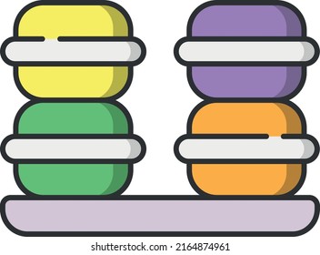 Close-up of macarons cakes of different colors on purple plate.