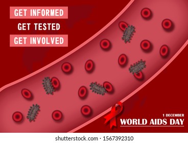 Closeup And Macro View Of HIV Virus With Red Blood Cells In Blood Vessel And Red Ribbon, The Name, Slogan Of Event On World Map And Red Background. Campaign Poster Of World AIDS Day In Vector Design.