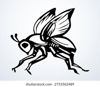 Closeup macro view small wild dog horse diptera skin gadfly musca zika fever pain leg wing antenna epidemy harm garden honey hive plant white sky text space. Dark black ink pen line hand drawn abstract fauna logo life bible Moses god story art design