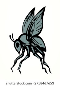 Closeup macro view small wild dog horse diptera skin gadfly musca zika fever pain leg wing antenna epidemy harm garden honey hive plant white sky text space. Dark black ink pen line hand drawn abstract fauna logo life bible Moses god story art design