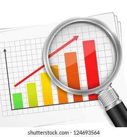 Close-up of magnifying glass and chart, vector eps10 illustration