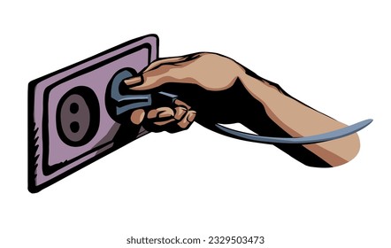 Closeup male arm 2 ac watt portable plastic wattage hardware pin house wall switch. Black drawn network rosette amp volt element app off logo idea concept doodle line pencil art style white text space
