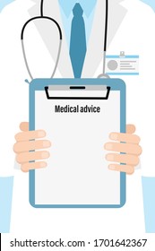 Close-up of a male doctor with lab coat in his office holding a clipboard. Doctor showing blank. Doctor with stethoscope. Medical advice. Vector illustration