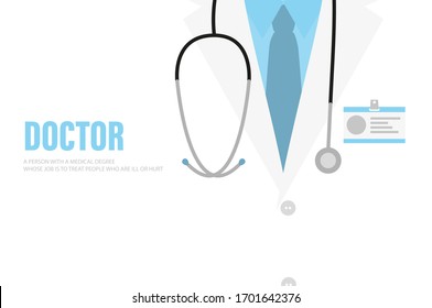 Close-up of a male doctor with lab coat in his office holding a clipboard. Doctor showing blank. Doctor with stethoscope. Medical advice. Vector illustration