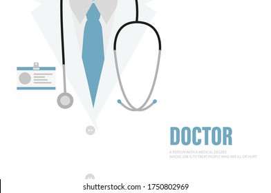 Close-up of a male doctor with lab coat in his office holding a clipboard. Doctor showing blank. Doctor with stethoscope. Medical advice. Vector illustration