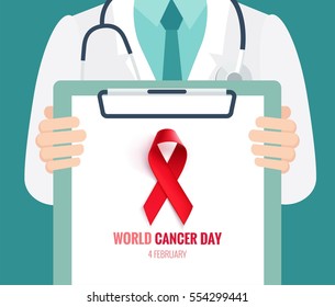 Close-up Of A Male Doctor With Lab Coat In His Office Holding A Clipboard.4 February World Cancer Day Horizontal Poster. Vector Flat Illustration