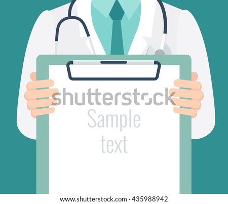 Close-up of a male doctor with lab coat in his office holding a clipboard. Doctor showing blank clipboard to write it on your personal message or advice. Vector illustration