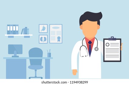 Close-up of a male doctor with medical report in his hand and also background office Vector illustration