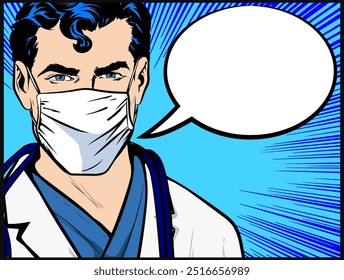 Close de um médico usando uma máscara facial. Bolha de fala de quadrinhos vazia. Pop Art estilo de quadrinhos, retro, ilustração vintage, vetor.