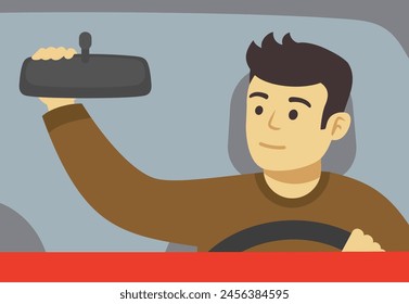 Close-up of a male driver adjusting rear view mirror in a car. Front view. Flat vector illustration template.