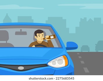 Close-up of male driver drinking alcohol while driving a car. Front view of driver holding a bottle. Flat vector illustration template.