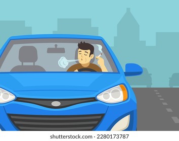 Close-up of male driver smoking cigarette while driving a car. Front view. Flat vector illustration template.