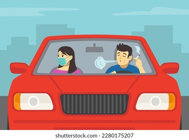 Close-up of male driver smoking cigarette and female passenger weared mask. Front view. Flat vector illustration template.