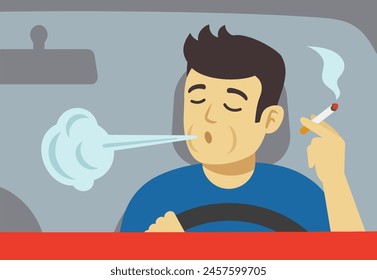 Close-up of a male driver smoking cigarette in a car. Front view. Flat vector illustration template.