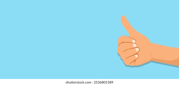 Closeup of male hand making thumbs up sign gesture on blue background. Positivity, approval, encouragement concept