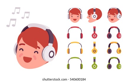 Closeup of male head in wireless on-ears headphones, his eyes closed with enjoment, listening to music, having favourite quality sound and comfort at home, street, office. Different positions