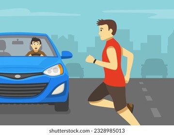 Close-up of a male pedestrian running in front of the vehicle to cross the road. Car is about to hit the man on road. Flat vector illustration template.