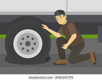 Primer plano de un conductor de camión revisando el neumático pinchado. Accidente de carretera. Plantilla de Ilustración vectorial plana.