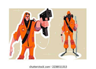 Close-up of man in bio-chemical protective coat holding gun. Nuclear war human, winter. Post apocalyptic future. Doomsday and survival people concept