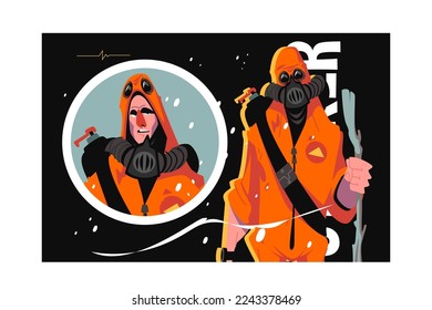 Close-up of man in bio-chemical protective coat and gas mask. Nuclear war human, winter. Doomsday and survival people concept